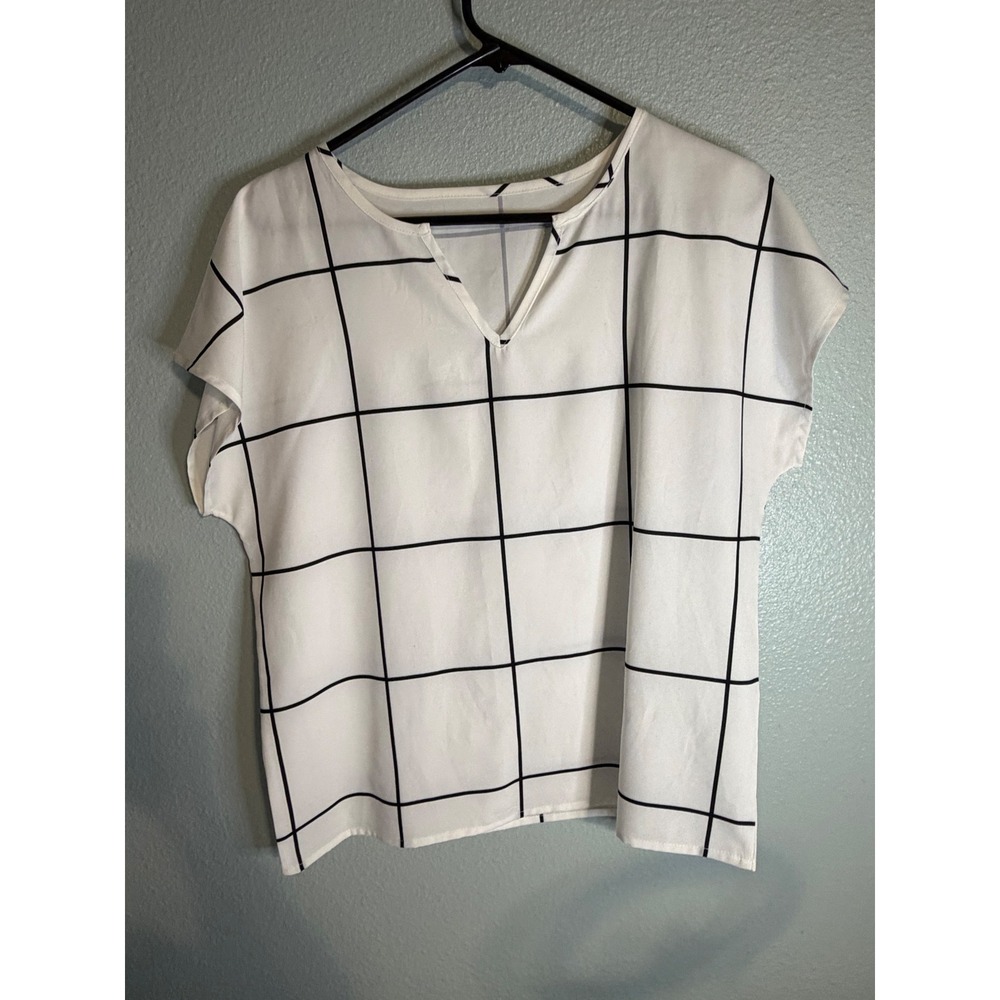 Womens White Black Windowpane Grid Split V-Neck Cap Sleeve Blouse Top